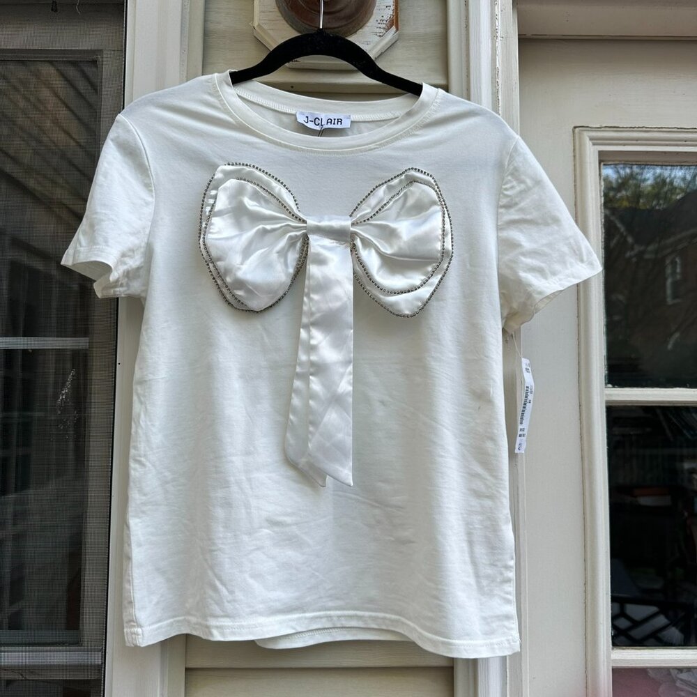 NWT J-Clair Bow EMBELLISHED TEE, One Size - Fits S/M, Made in Italy